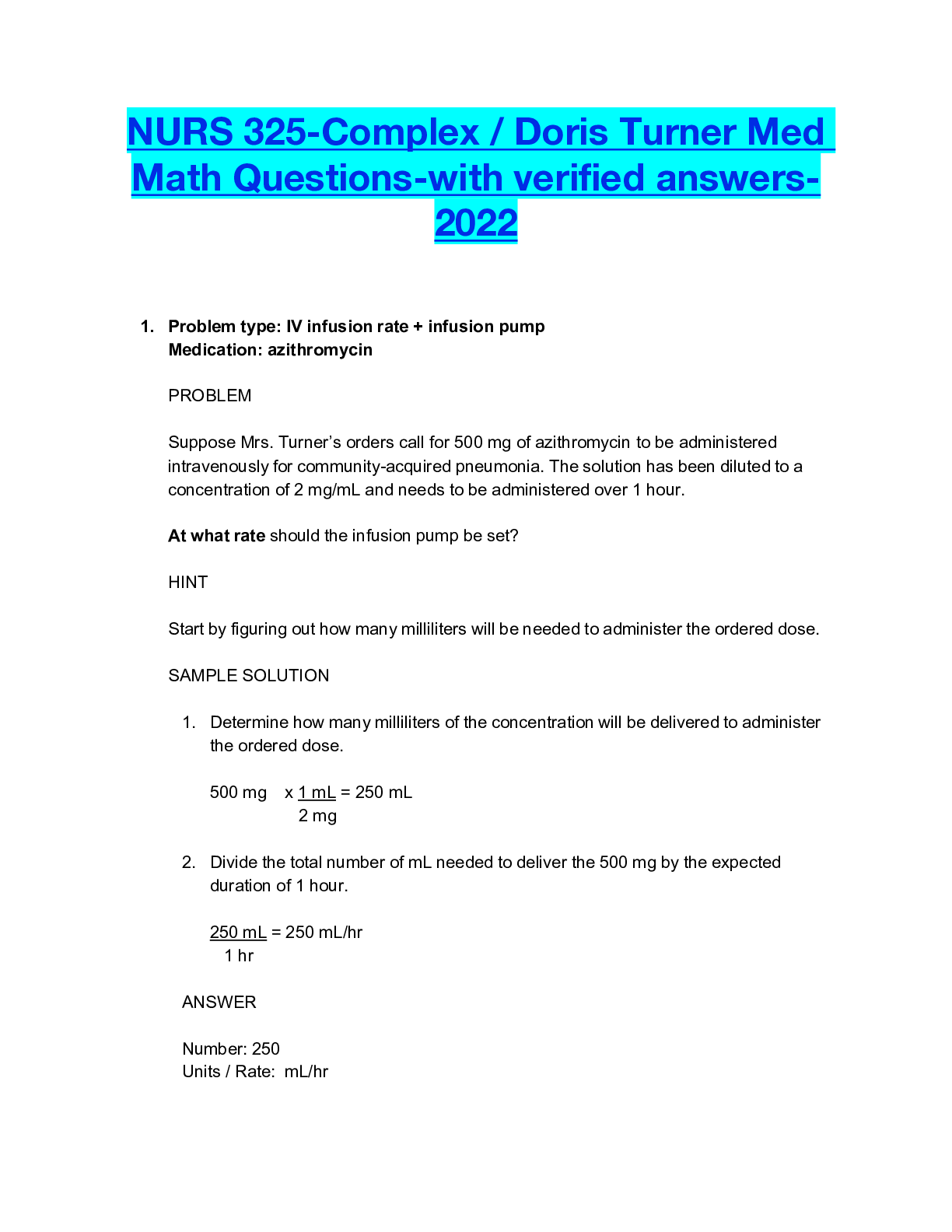 Preview of NURS 325-Complex / Doris Turner Med Math Questions-with verified answers-2022